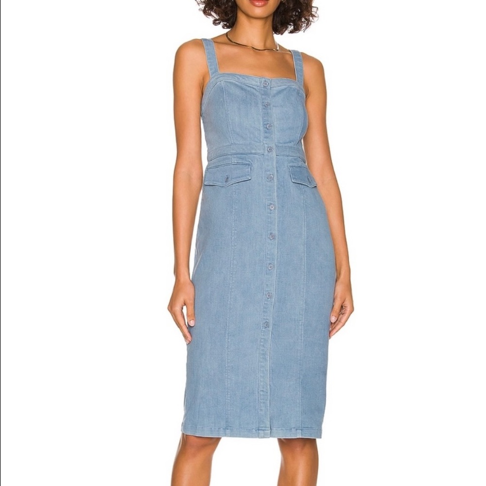 Lovers + Friends Button Front Midi Jean Overall Dress Denim Sleeveless Sheath